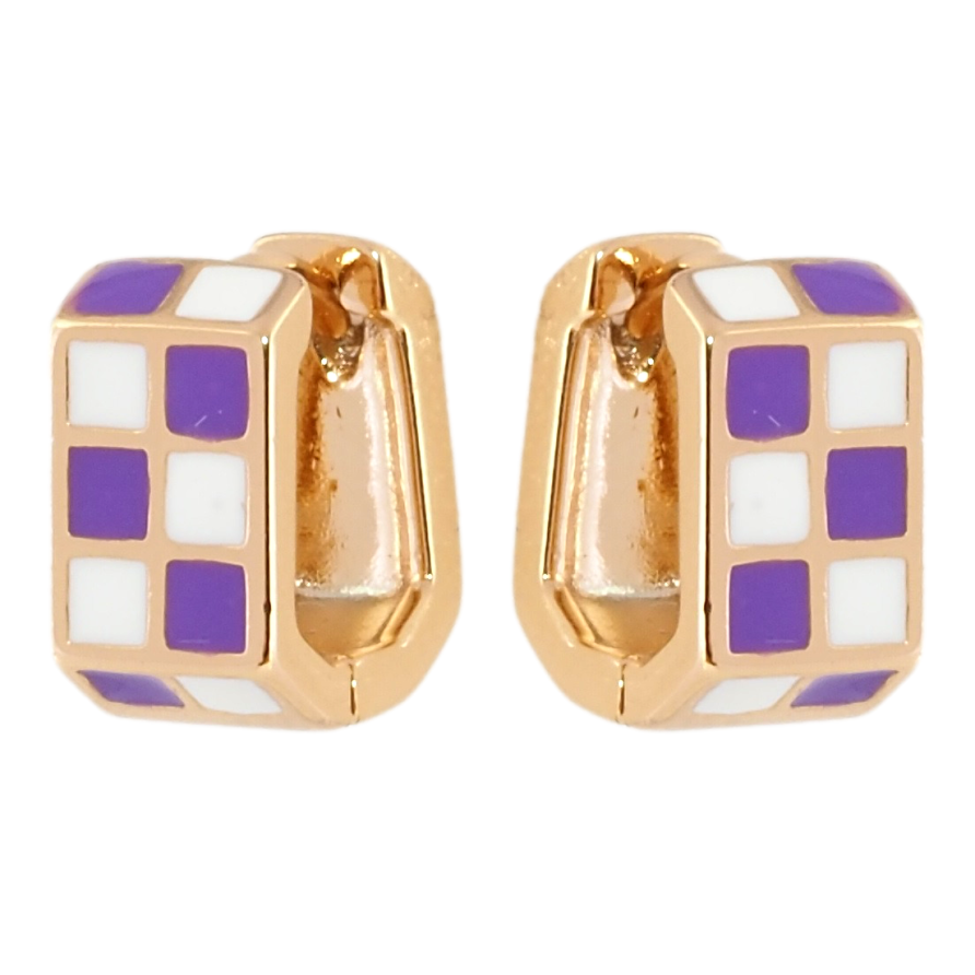 Серьги Xuping Позолота 18K колечки Шахматный узор бело-фиолетовой эмалью фото №1