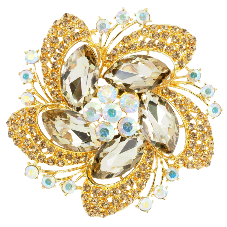 Брошка Велика квітка з золотистими стразами фото №1