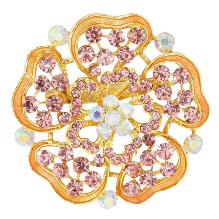 Брошь Цветок с розовыми стразами и оранжевой эмалью фото №5