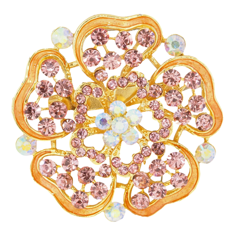 Брошь Цветок с розовыми стразами и оранжевой эмалью фото №6