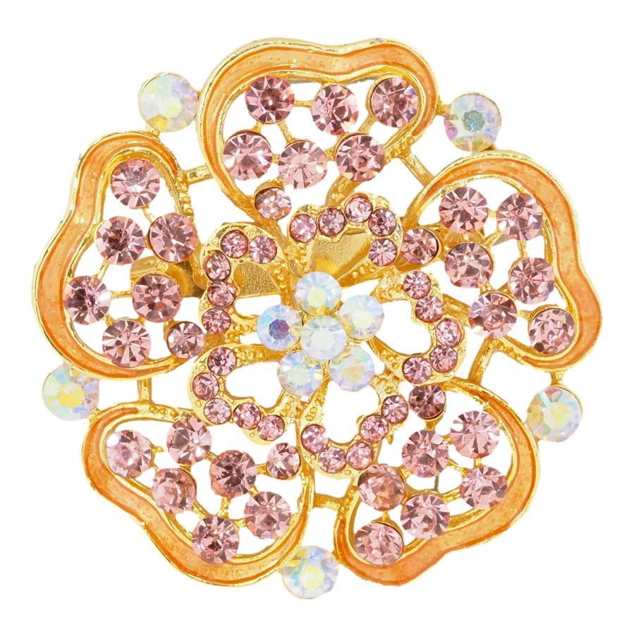 Брошь Цветок с розовыми стразами и оранжевой эмалью фото №1