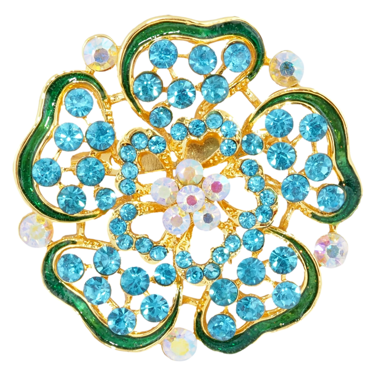 Брошь Цветок с бирюзовыми стразами и зеленой эмалью фото №6