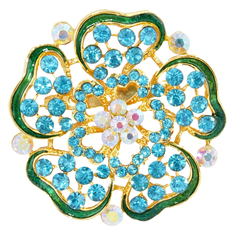 Брошка Квітка з бірюзовими стразами та зеленою емаллю фото №3