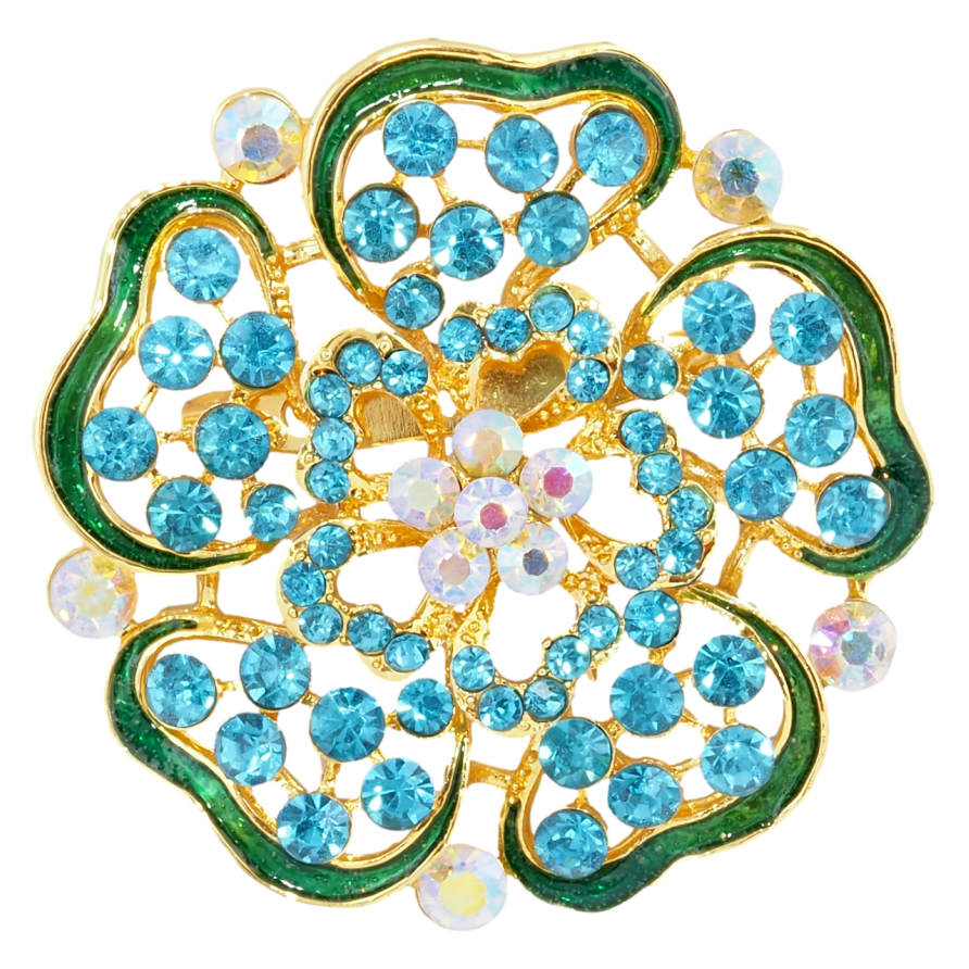 Брошь Цветок с бирюзовыми стразами и зеленой эмалью фото №1