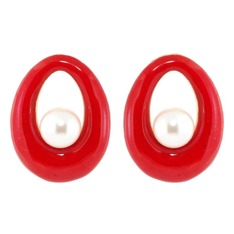 Сережки Xuping Позолота 18K пусети Червоні крапельки з емаллю та перлами фото №1 Сережки Xuping Позолота 18K пусети Червоні крапельки з емаллю та перлами фото №1