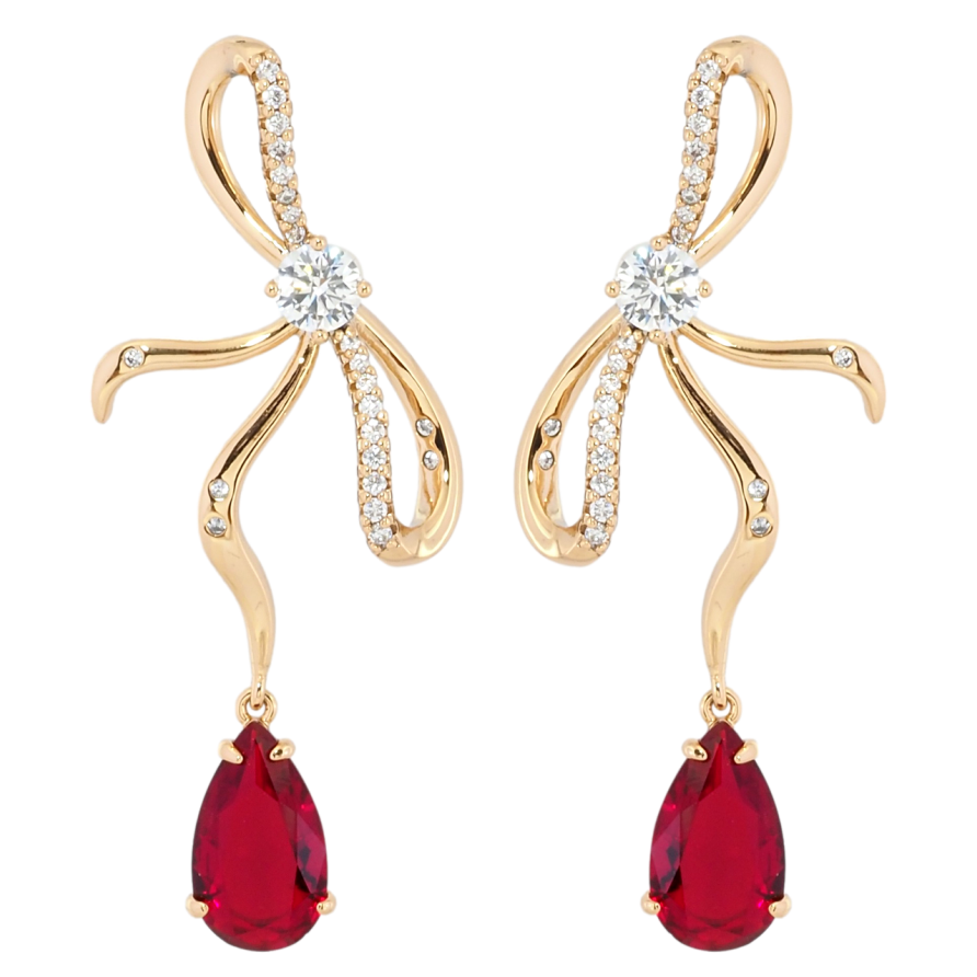 Серьги Xuping Позолота 18K пусеты Банты с красными фианитами фото №1