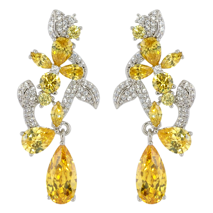 Серьги Xuping Родий пусеты Цветочный узор с инкрустацией цирконием и желтыми фианитами фото №1