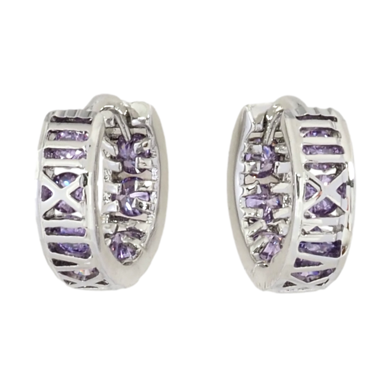 Сережки Xuping M&L Колір Родій колечка Римські цифри з бузковими кристалами фото №1