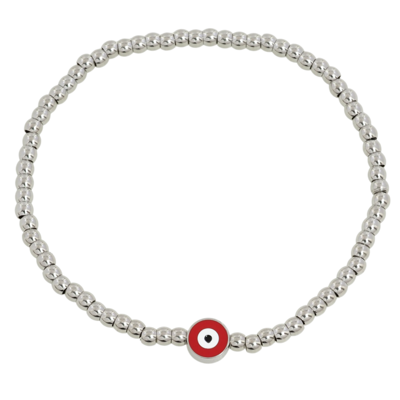 Браслет Xuping ТТМ Stainless Steel колір Родій Сріблясті намистини з оберегом, ø 7мм на резинці 17-20см х 3мм фото №1