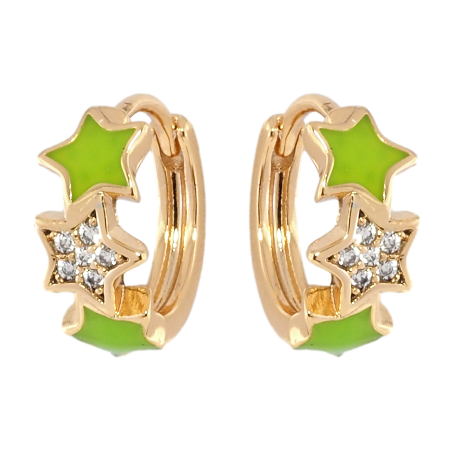 Серьги Xuping Позолота 18K колечки Звезды с салатовой эмалью и цирконием фото №1