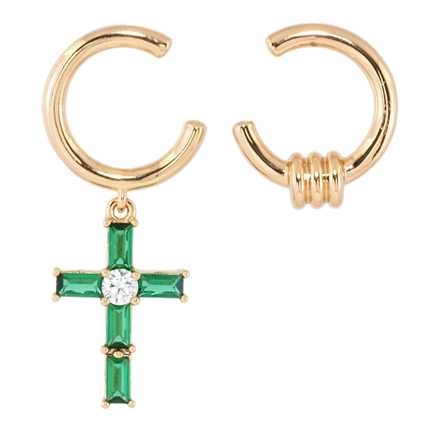Серьги Xuping Позолота 18K пусеты Ассиметричные подвески с зеленым кристальным крестиком фото №1