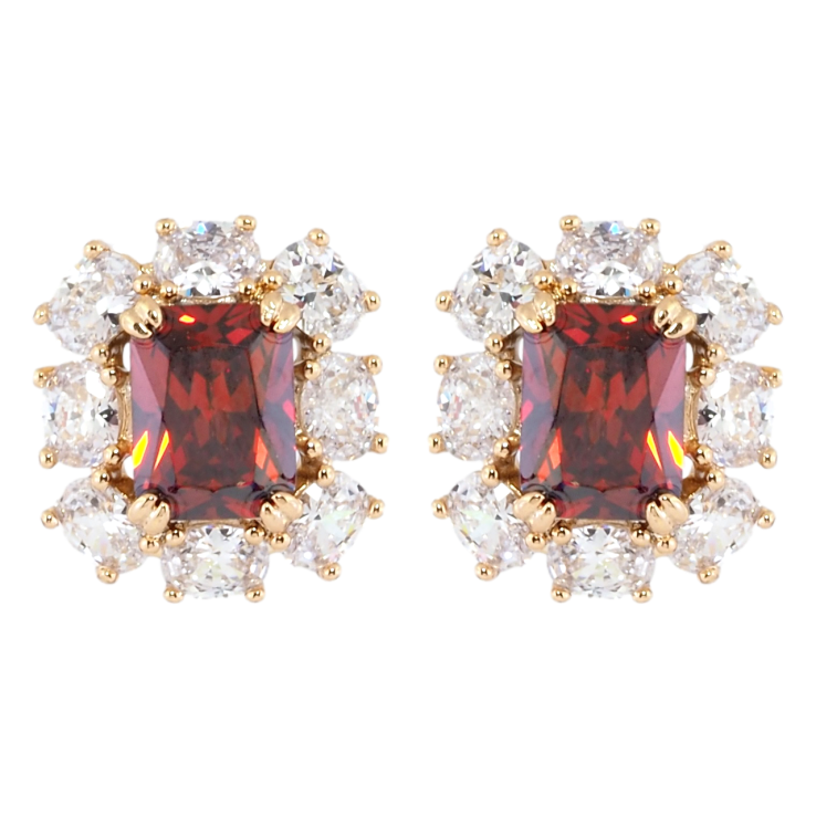 Серьги Xuping Позолота 18K пусеты Красные фианиты в обрамлении циркония фото №2 Серьги Xuping Позолота 18K пусеты Красные фианиты в обрамлении циркония фото №2