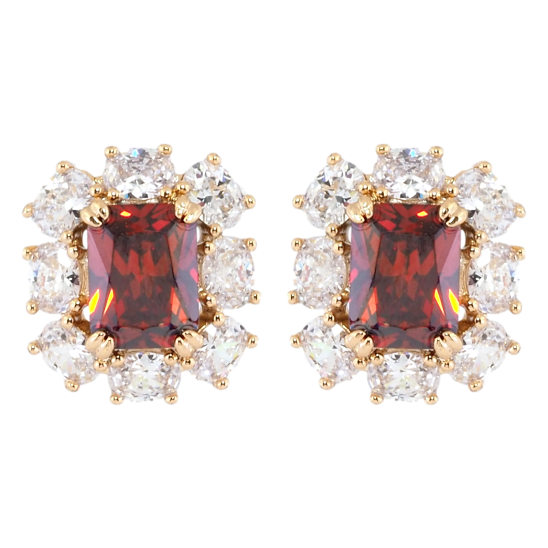 Серьги Xuping Позолота 18K пусеты Красные фианиты в обрамлении циркония фото №1 Серьги Xuping Позолота 18K пусеты Красные фианиты в обрамлении циркония фото №1