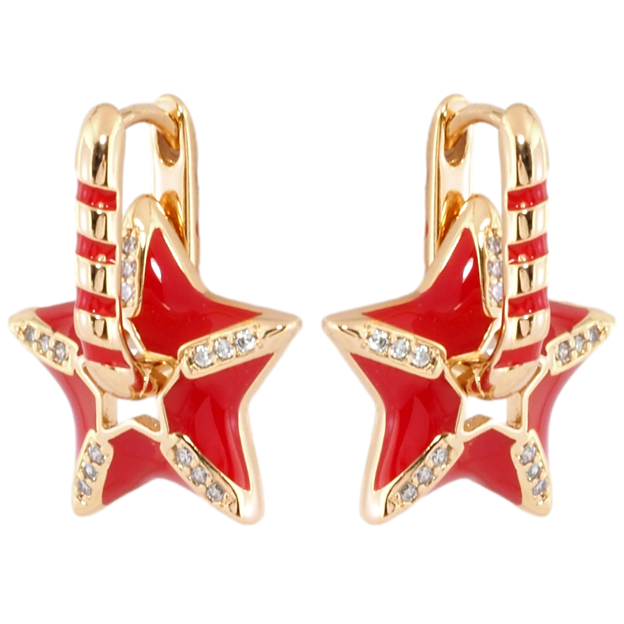 Сережки Xuping Позолота 18K підвіски на колечках Зірки з цирконієм і червоною емаллю 2 в 1 фото №1