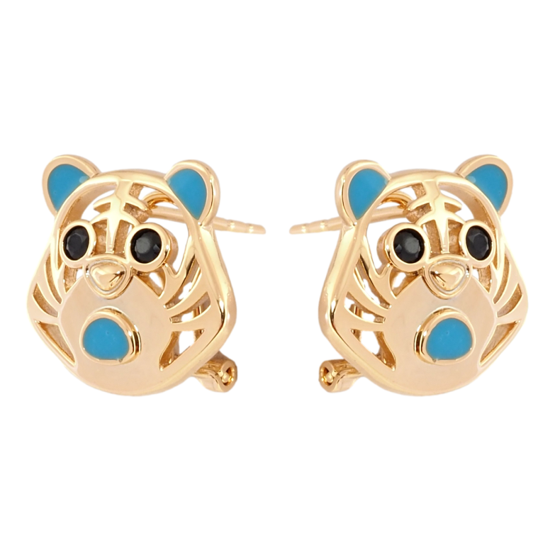 Серьги Xuping Позолота 18K итальянский замок Тигры с голубой эмалью и черным цирконием фото №1