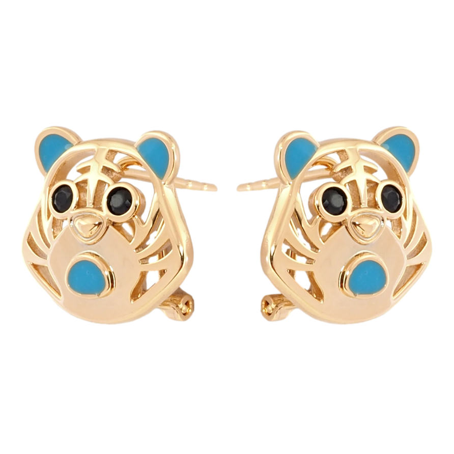 Сережки Xuping Позолота 18K італійський замок Тигри з блакитною емаллю і чорним цирконієм фото №1