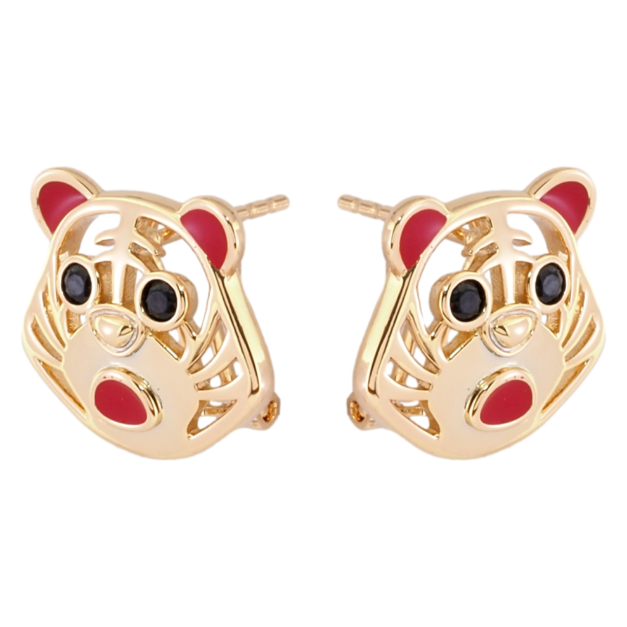 Сережки Xuping Позолота 18K італійський замок Тигри з червоною емаллю і чорним цирконієм фото №1