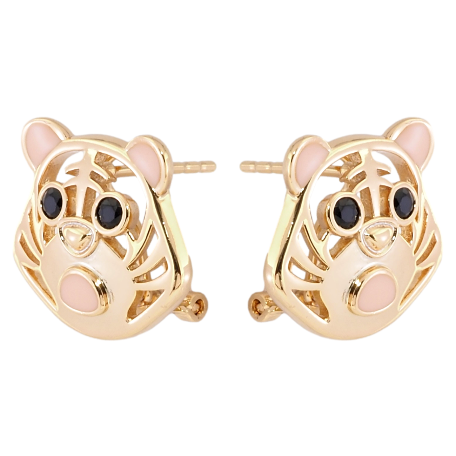 Сережки Xuping Позолота 18K італійський замок Тигри з рожевою емаллю і чорним цирконієм фото №1