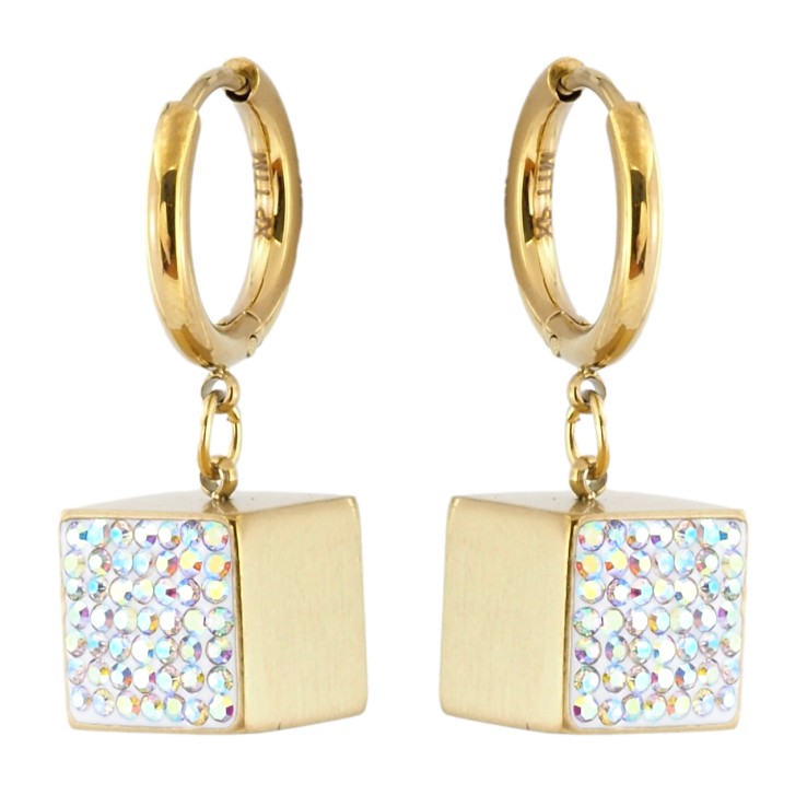 Сережки Xuping TTM Stainless Steel колір 14K підвіски на колечках Кубики з райдужним цирконієм 10х10мм фото №25