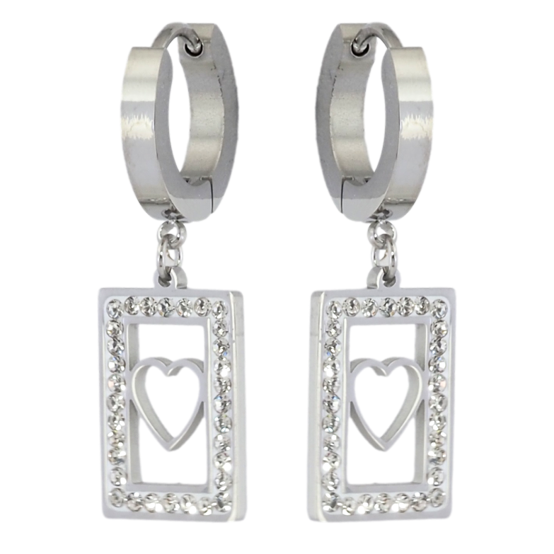 Сережки Xuping TTM Stainless Steel колір Родій підвіски на колечках Прямокутники з сердечками та цирконієм фото №1