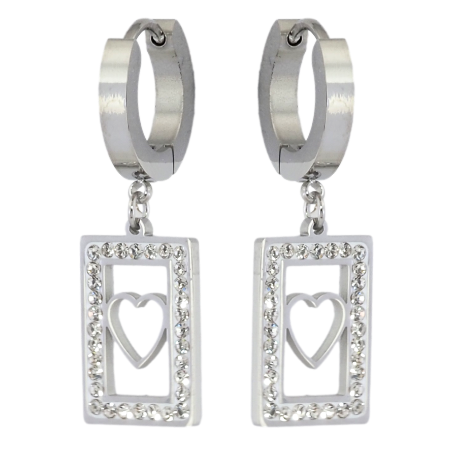 Сережки Xuping TTM Stainless Steel колір Родій підвіски на колечках Прямокутники з сердечками та цирконієм фото №1