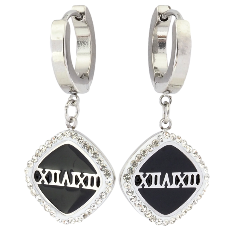 Сережки Xuping TTM Stainless Steel колір Родій підвіски на колечках Ромби з візерунком римські цифри і цирконій фото №1