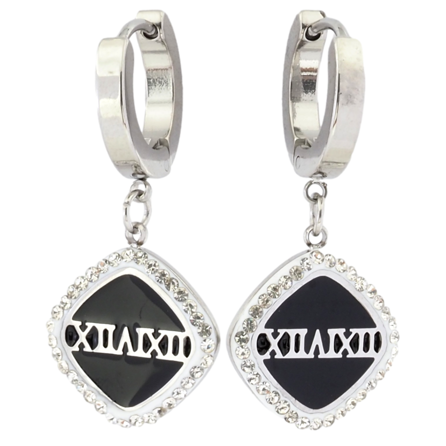 Серьги Xuping TTM Stainless Steel цвет Родий подвески на колечках Ромбы с узором римские цифры и цирконий фото №1
