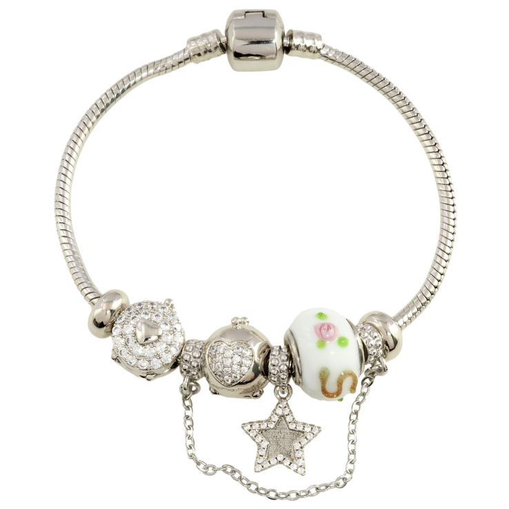 Браслет Xuping Родій Стиль Pandora Ювелірний шнур з намистинами-шармами розмір 18см х 3мм фото №15