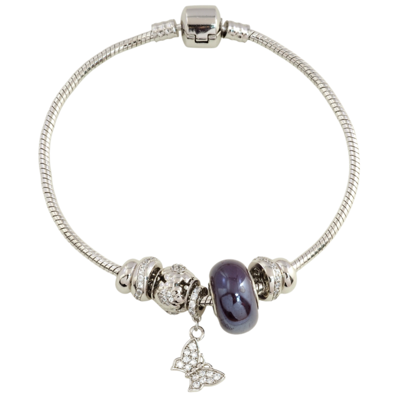 Браслет Xuping Родій Стиль Pandora Ювелірний шнур з намистинами-шармами розмір 18см х 3мм фото №1