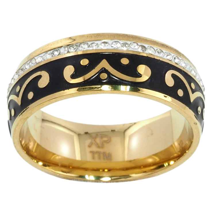 Кольцо Xuping TTM Stainless Steel Цвет 14К Узор черной эмалью с дорожкой циркония, ш.7.5мм фото №6