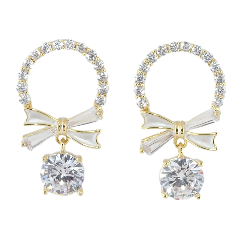 Сережки Xuping JEAN GOUJON Позолота 14K пусети Колечка з бантами та фіанітами фото №1