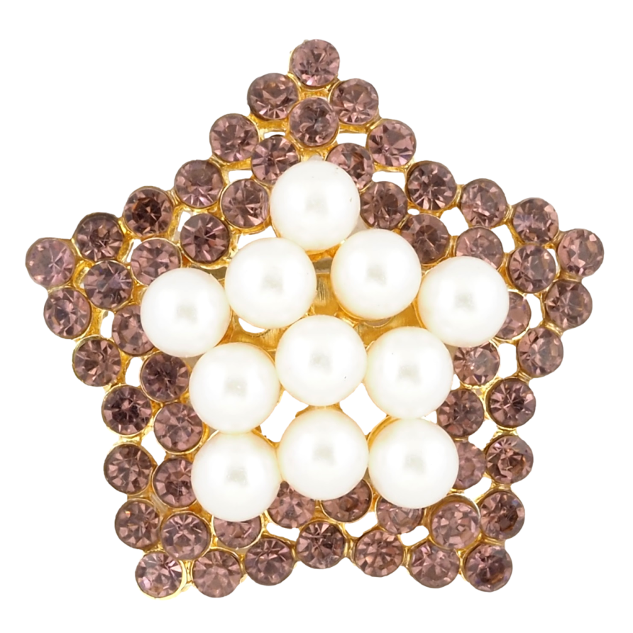 Брошь Звезда с жемчужинами и бордовыми стразами фото №1