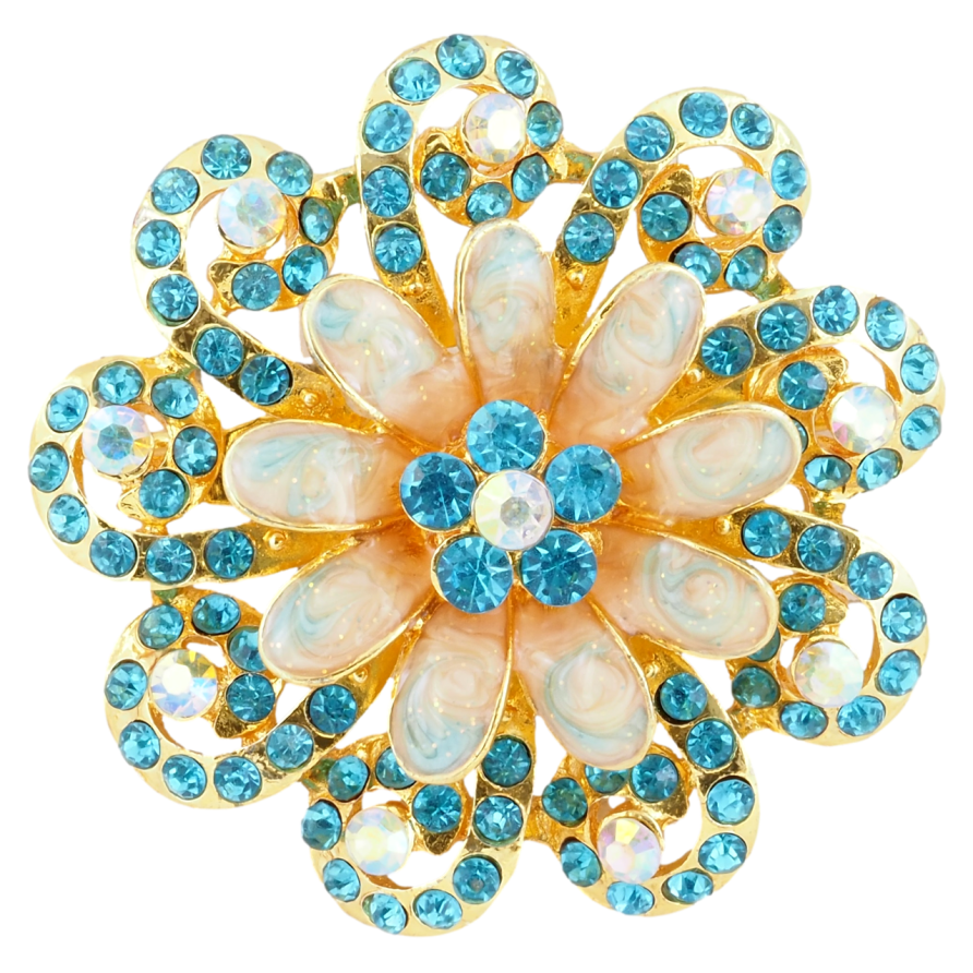 Брошь Цветок с голубыми стразами и эмалью фото №1