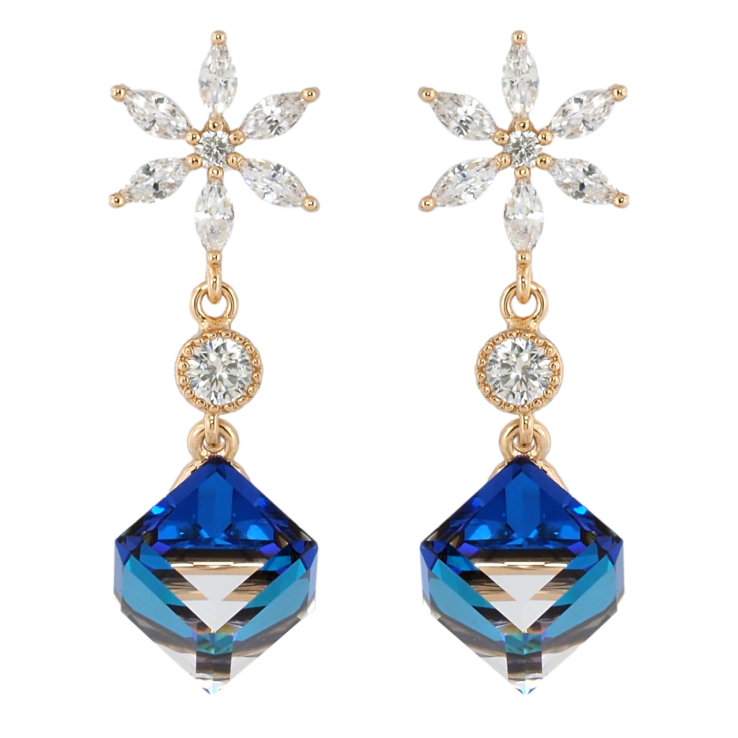 Сережки Xuping колір 18K з кристалами Swarovski пусети Кришталеві квіточки з кубиками Bermuda Blue фото №6