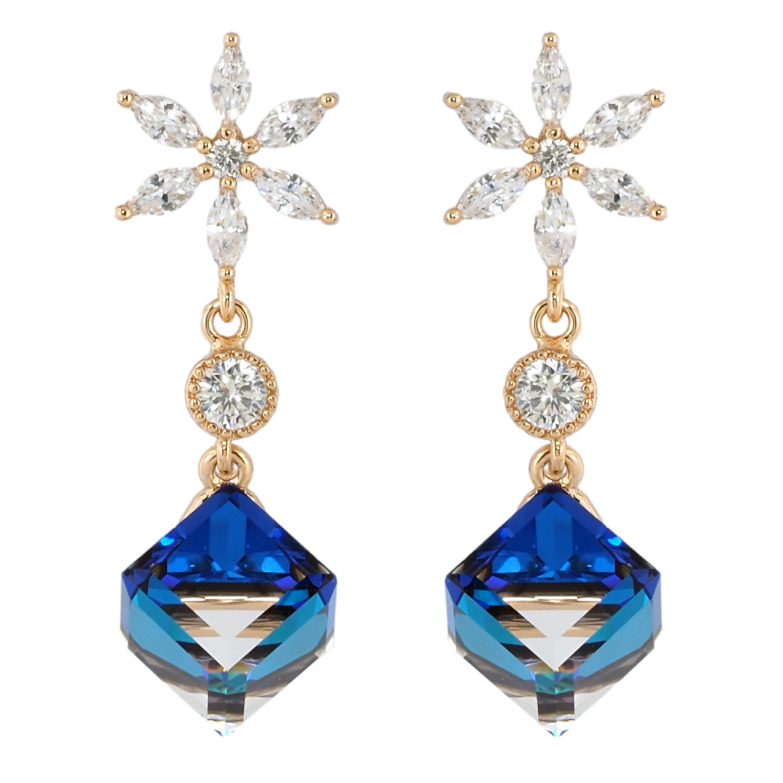 Сережки Xuping колір 18K з кристалами Swarovski пусети Кришталеві квіточки з кубиками Bermuda Blue фото №1