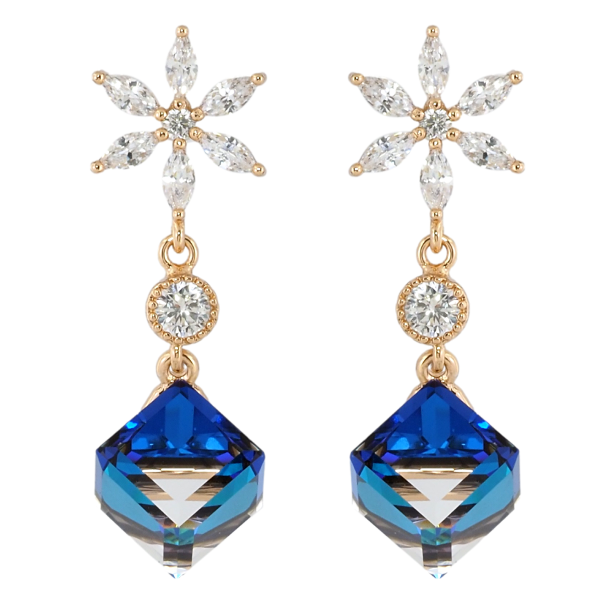 Сережки Xuping колір 18K з кристалами Swarovski пусети Кришталеві квіточки з кубиками Bermuda Blue фото №1