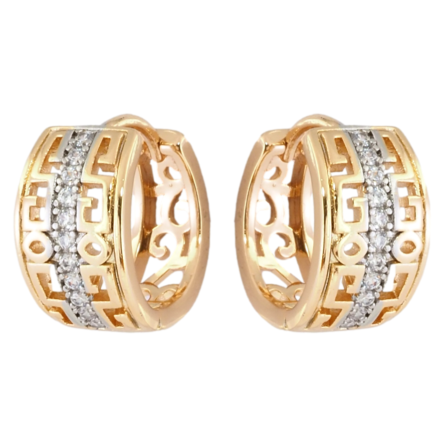 Серьги Xuping Позолота 18K + Родий колечки Резной узор с дорожкой циркония фото №1