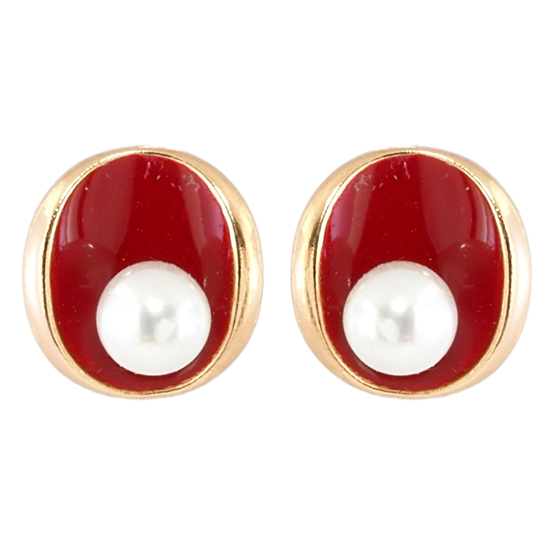 Серьги Xuping Позолота 18K пусеты Овалы с красной эмалью и жемчужинами фото №1