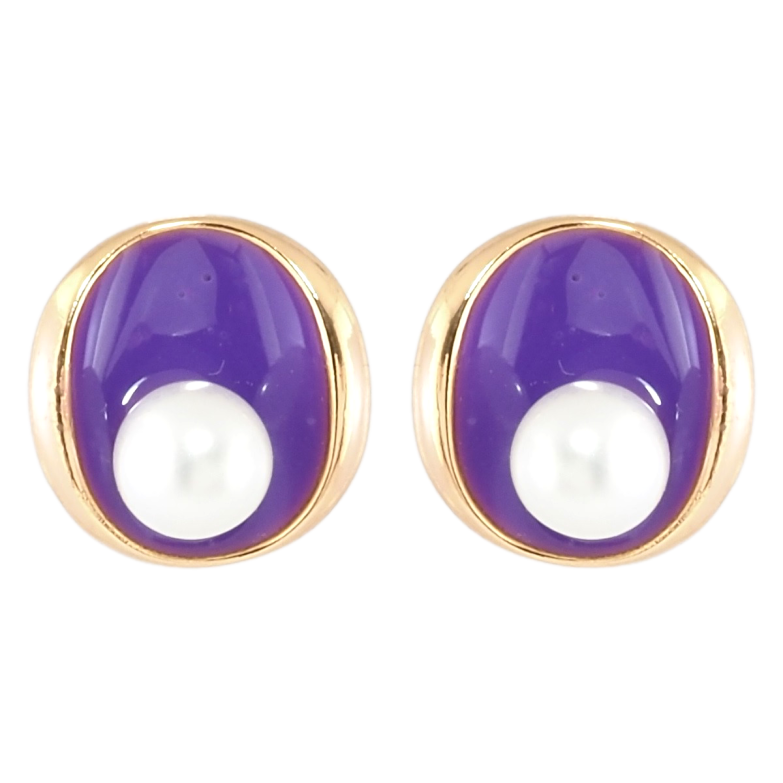 Серьги Xuping Позолота 18K пусеты Овалы с фиолетовой эмалью и жемчужинами фото №1 Серьги Xuping Позолота 18K пусеты Овалы с фиолетовой эмалью и жемчужинами фото №1