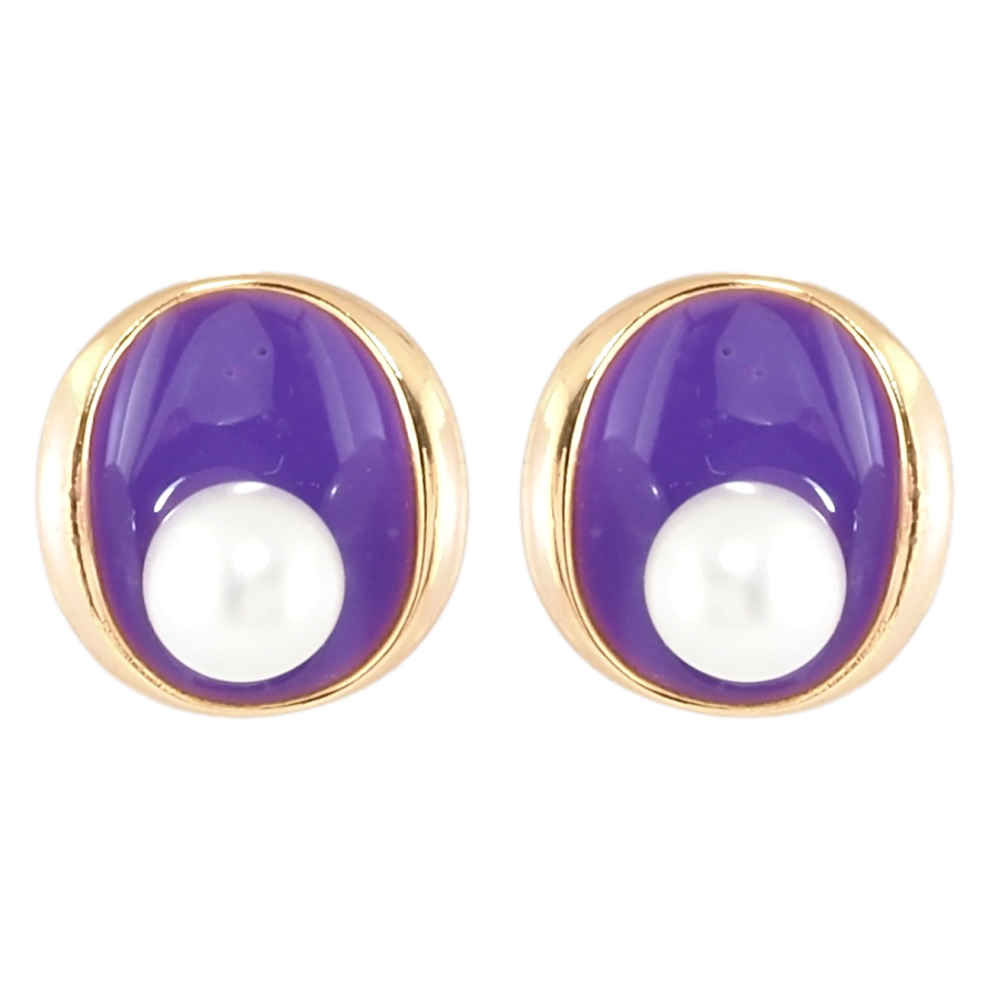 Серьги Xuping Позолота 18K пусеты Овалы с фиолетовой эмалью и жемчужинами фото №1