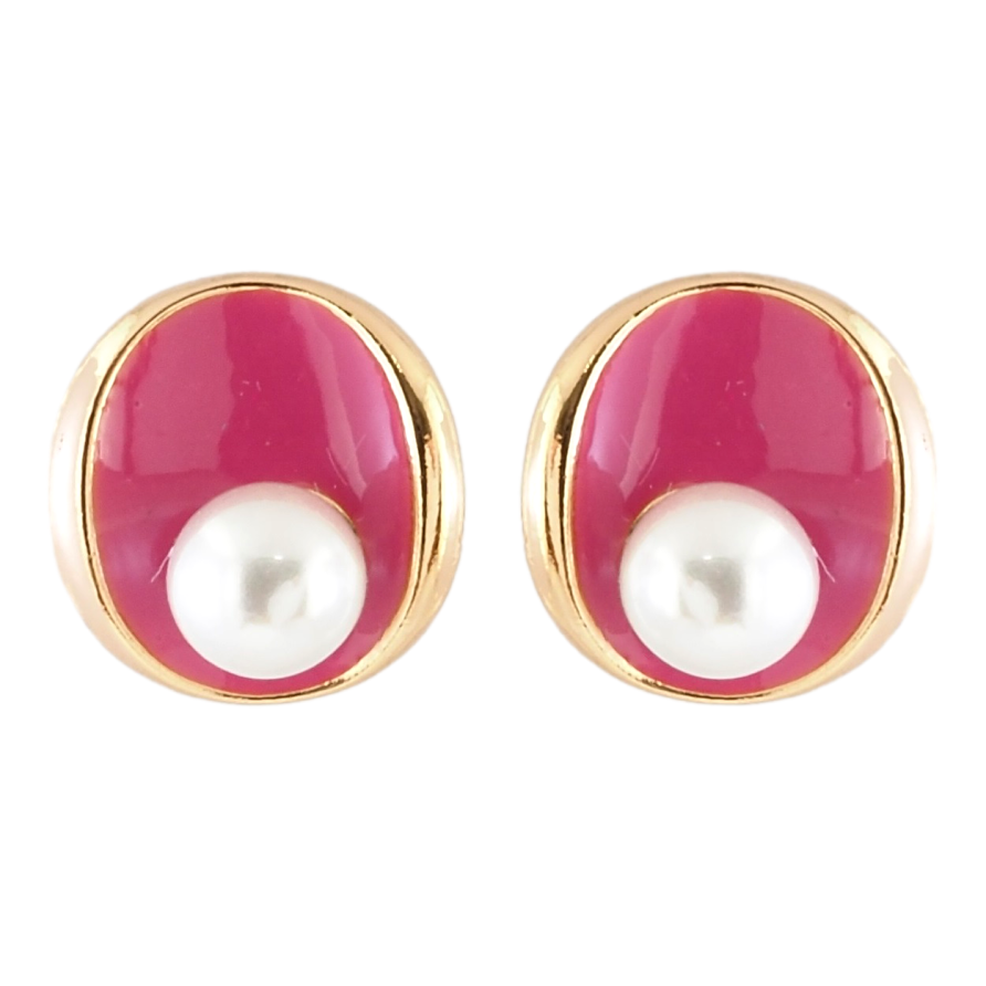 Серьги Xuping Позолота 18K пусеты Овалы с розовой эмалью и жемчужинами фото №1 Серьги Xuping Позолота 18K пусеты Овалы с розовой эмалью и жемчужинами фото №1