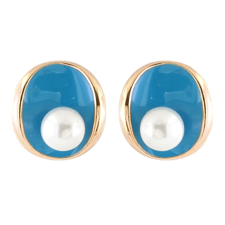 Серьги Xuping Позолота 18K пусеты Овалы с голубой эмалью и жемчужинами фото №1 Серьги Xuping Позолота 18K пусеты Овалы с голубой эмалью и жемчужинами фото №1