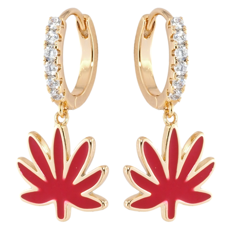 Серьги Xuping Позолота 18K подвески на колечках Листики с красной эмалью фото №2