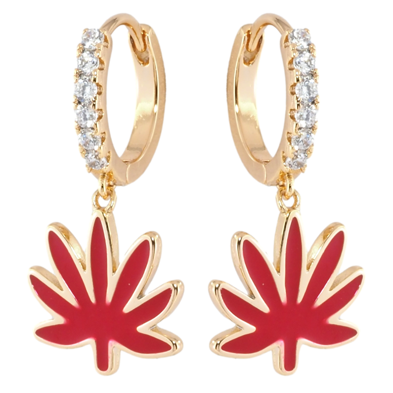 Серьги Xuping Позолота 18K подвески на колечках Листики с красной эмалью фото №1