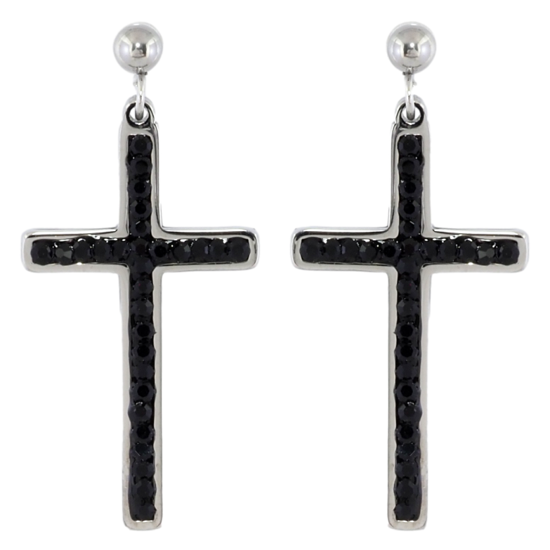 Серьги Xuping TTM Stainless Steel цвет Родий пусеты Крестики с черными кристаллами фото №1