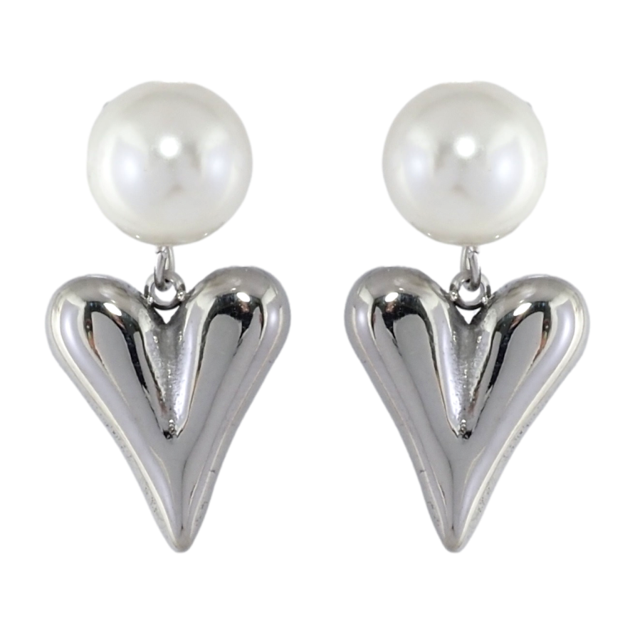 Серьги Xuping TTM Stainless Steel цвет Родий пусеты Сердечки с жемчужными бусинами фото №1