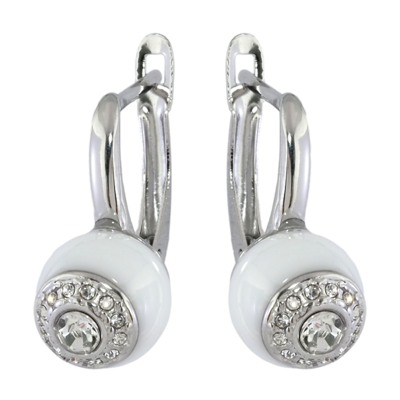 Серьги Xuping TTM Stainless Steel цвет Родий английский замок Узор с белой керамикой и цирконием фото №1