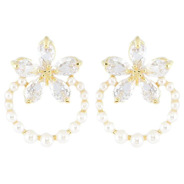 Серьги Xuping JEAN GOUJON Позолота 14K пусеты Кристальный цветок с жемчужным колечком фото №17