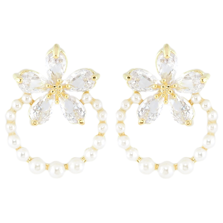 Сережки Xuping JEAN GOUJON Позолота 14K пусети «Кришталева квітка з перлинним колечком» фото №1