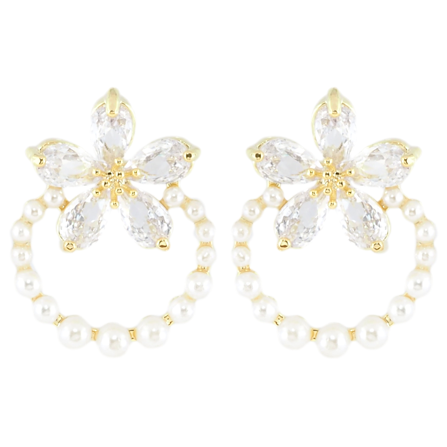 Сережки Xuping JEAN GOUJON Позолота 14K пусети «Кришталева квітка з перлинним колечком» фото №1
